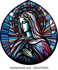 Vector of the Virgin Mary, teardrop outline, rainbow colors, stained glass effect.