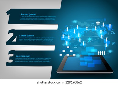 Vector virtual business network process diagram on tablet PC, With Modern Design template / infographics / numbered banners