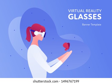 Vector virtual reality person banner template. Female in vr glasses watch butterfly on abstract fluid blue background. Concept of innovation in entertainment. Design element for poster, flyer, website