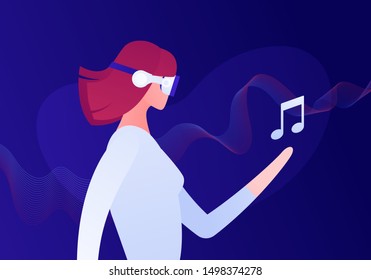Vector virtual reality person banner template. Female in vr glasses holding musical note on fluid wave background. Concept of innovation in music entertainment. Design element for poster, flyer, web