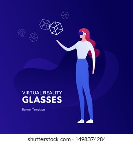Vector virtual reality person banner template. Female in vr glasses holding abstract shape on fluid blue background. Concept of innovation in entertainment. Design element for poster, flyer, website