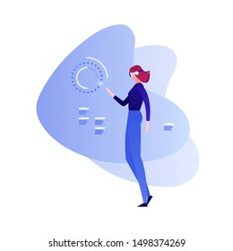 Vector virtual reality person illustration. Female in vr glasses work with futuristic interface on abstract background. Concept of innovation in technology. Design for banner, poster, flyer, website