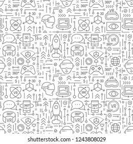 Vector Virtual Reality Seamless Pattern with thin line icons isolated on white. VR background design template