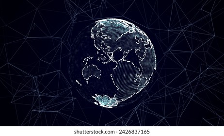 Vector virtual security blue planet Earth managing ai. Abstract network connection on digital background. Technology processing data in galaxy. Futuristic 3D wireframe sphere. Globe polygon.