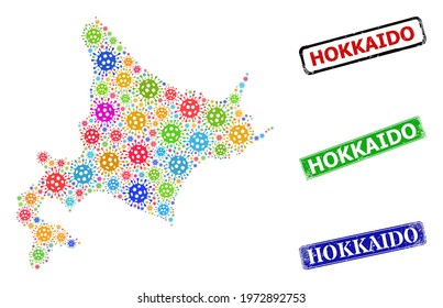 Vector virulent collage Hokkaido map, and grunge Hokkaido stamps. Vector colored Hokkaido map collage, and Hokkaido rubber framed rectangle stamp seals.