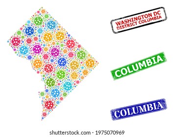 Vector virulent collage Washington District Columbia map, and grunge Columbia seals. Vector colored Washington District Columbia map mosaic, and Columbia grunge framed rectangle seals.