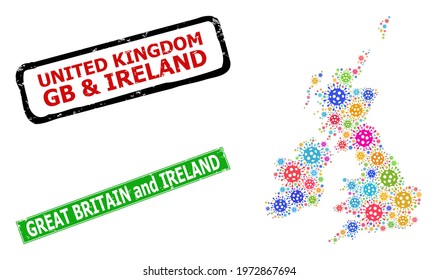 Vector virulent mosaic Great Britain and Ireland map, and grunge stamps. Vector colored Great Britain and Ireland map mosaic, and grunge framed rectangle watermarks.