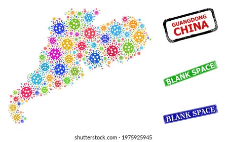 Vector virulent mosaic Guangdong Province map, and grunge Blank Space seal stamps. Vector colored Guangdong Province map collage, and Blank Space grunge framed rectangle seal imitations.