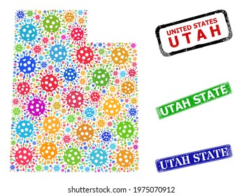Vector virulent mosaic Utah State map, and grunge Utah State stamps. Vector colorful Utah State map collage, and Utah State grunge framed rectangle stamp seals.