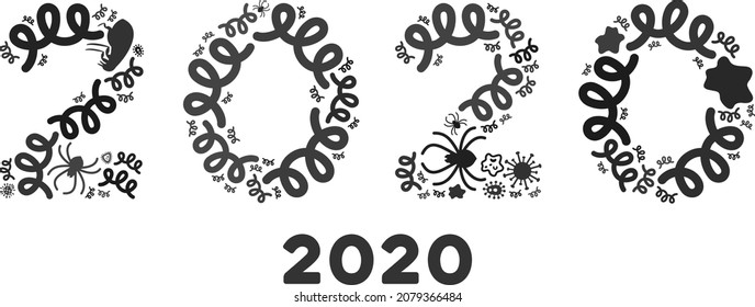 Vector virus 2020 year text icon collage of contagious microbes. 2020 year text mosaic is constructed with virus elements, parasites, microbes, spores, contagious agents,