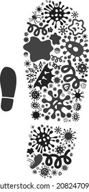 Vector virus boot footprint icon mosaic of contagious microbes. Boot footprint mosaic is formed of virus items, parasites, microbes, spores, contagious agents, and based on boot footprint icon.