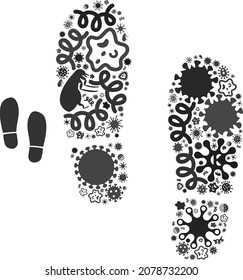 Vector virus boot footprints icon mosaic of contagious microbes. Boot footprints mosaic is designed from virus elements, parasites, microbes, spores, contagious agents,