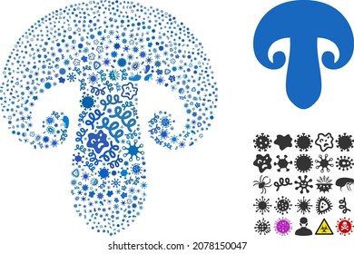 Vector virus champignon mushroom icon collage of pandemic microbes. Champignon mushroom collage is constructed of virus elements, parasites, microbes, spores, contagious agents,