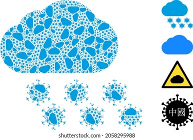 Vector virus cloud fractal is formed with scattered fractal virus cloud pictograms. Fractal combination for virus cloud.
