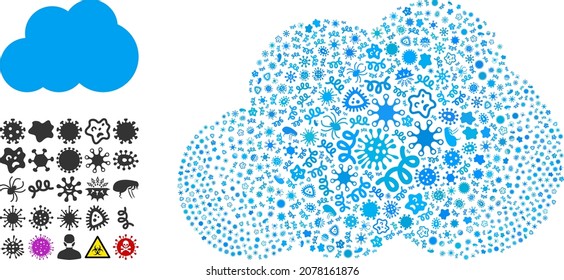 Vector virus cloud icon composition of contagious microbes. Cloud collage is composed of infectious items, parasites, microbes, spores, contagious agents, and based on cloud icon.