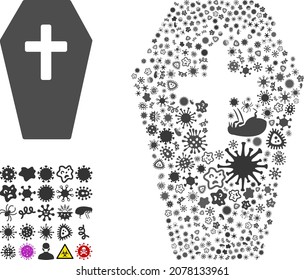 Vector virus coffin icon collage of pandemic microbes. Coffin collage is created of infectious elements, parasites, microbes, spores, contagious agents, and based on coffin icon.