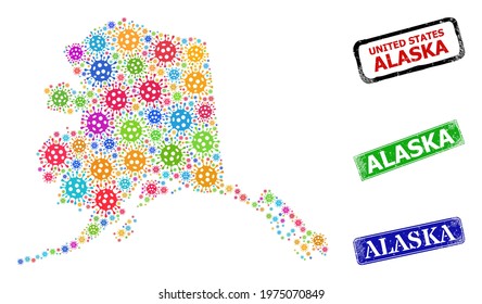 Vector virus collage Alaska map, and grunge Alaska seal stamps. Vector multi-colored Alaska map collage, and Alaska grunge framed rectangle stamps.