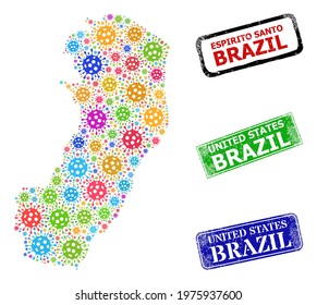 Vector virus collage Espirito Santo State map, and grunge United States Brazil seals. Vector colored Espirito Santo State map collage, and United States Brazil grunge framed rectangle stamps.