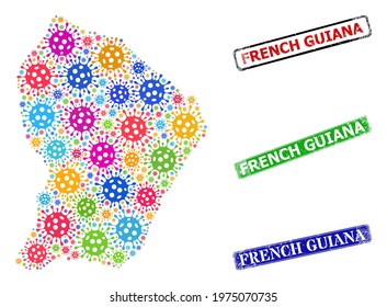 Vector virus collage French Guiana map, and grunge French Guiana stamps. Vector multi-colored French Guiana map collage, and French Guiana dirty framed rectangle stamp seals.