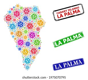 Vector virus collage La Palma Island map, and grunge La Palma seal stamps. Vector multi-colored La Palma Island map collage, and La Palma grunge framed rectangle seal imitations.