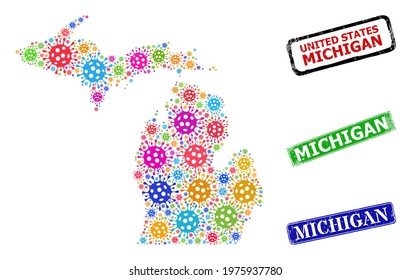 Vector virus collage Michigan State map, and grunge Michigan seals. Vector colorful Michigan State map collage, and Michigan grunge framed rectangle seals.