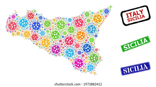 Vector virus collage Sicilia map, and grunge Sicilia badges. Vector multi-colored Sicilia map mosaic, and Sicilia textured framed rectangle stamp seals.