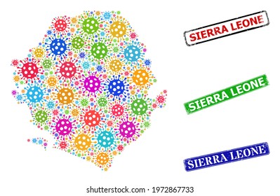 Vector virus collage Sierra Leone map, and grunge Sierra Leone badges. Vector colorful Sierra Leone map collage, and Sierra Leone grunge framed rectangle seals.