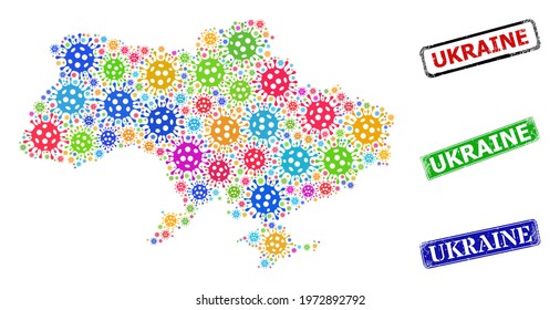 Vector virus collage Ukraine map, and grunge Ukraine seal stamps. Vector colored Ukraine map collage, and Ukraine unclean framed rectangle seal imitations.