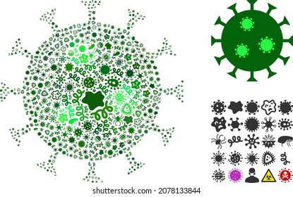 Vector virus covid-19 flu virus icon composition of contagious microbes. Covid-19 flu virus collage is designed with virus elements, parasites, microbes, spores, contagious agents,
