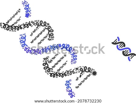 Vector virus DNA spiral icon mosaic of contagious microbes. DNA spiral mosaic is formed with virus items, parasites, microbes, spores, contagious agents, and based on DNA spiral icon.