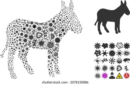 Vector virus donkey icon collage of pandemic microbes. Donkey mosaic is created of virus elements, parasites, microbes, spores, contagious agents, and based on donkey icon.