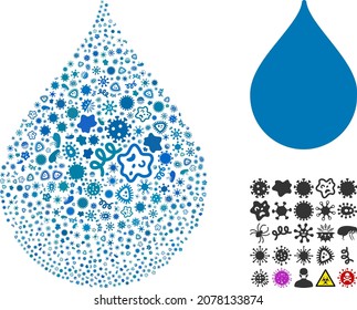 Vector virus drop icon collage of pandemic microbes. Drop collage is constructed of virus elements, parasites, microbes, spores, contagious agents, and based on drop icon.