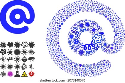 Collage del icono del símbolo de correo electrónico del virus vector de los elementos contagiosos. El collage de símbolos de correo electrónico está organizado de elementos de virus, parásitos, microbios, esporas, agentes contagiosos y basado en el icono de símbolo de correo electrónico.