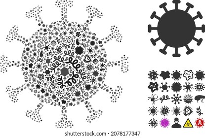 Vector virus flu virus icon collage of contagious cells. Flu virus mosaic is shaped of infection elements, parasites, microbes, spores, contagious agents, and based on flu virus icon.