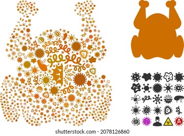 Collage de ícono de pollo frito con virus vectores de artículos contagiosos. El collage de pollo frito se crea a partir de elementos de infección, parásitos, microbios, esporas, agentes contagiosos, y se basa en un ícono de pollo frito.