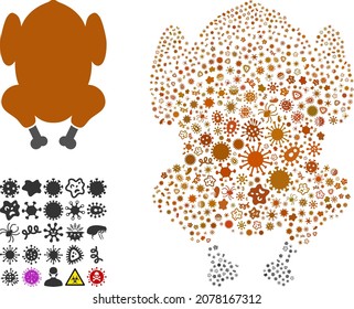 Vector virus fried chicken icon collage of contagious items. Fried chicken collage is formed with virus items, parasites, microbes, spores, contagious agents, and based on fried chicken icon.