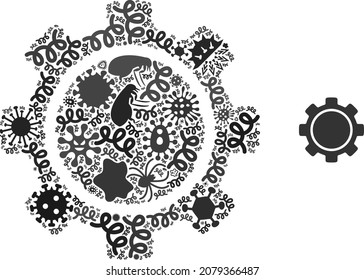 Vector virus gear icon mosaic of contagious microbes. Gear collage is made of virus items, parasites, microbes, spores, contagious agents, and based on gear icon.