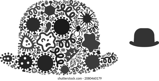 Collage de microbios contagiosos con el icono del sombrero caballero del virus del vector. El mosaico de este tipo está diseñado con virus, parásitos, microbios, esporas, agentes contagiosos y basado en un icono de sombrero caballero.