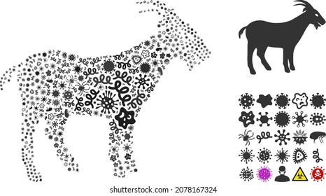 Collage del icono de la cabra del virus del vector de microbios contagiosos. El collage de cabras se construye con elementos del virus, parásitos, microbios, esporas, agentes contagiosos y basados en el icono de cabra.