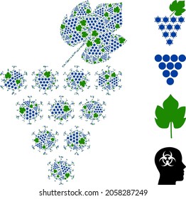 Vector virus grapes bunch mosaic is organized from scattered fractal virus grapes bunch pictograms. Fractal combination from virus grapes bunch.