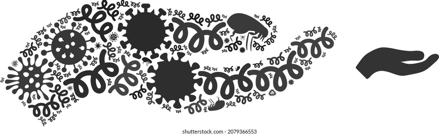Vector virus hand icon mosaic of contagious microbes. Hand collage is designed of virus elements, parasites, microbes, spores, contagious agents, and based on hand icon.