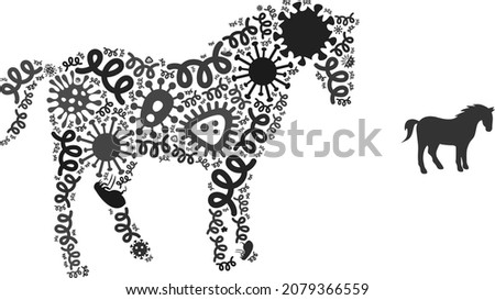 Vector virus horse icon collage of contagious microbes. Horse collage is constructed of infection items, parasites, microbes, spores, contagious agents, and based on horse icon.