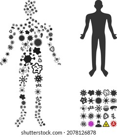 Vektor-Virus menschlichen Symbol Sammlung von pandemischen Mikroben. Die menschliche Kollage wird aus Viren, Parasiten, Mikroben, Sporen, ansteckenden Agenzien hergestellt und basiert auf menschlichen Ikone.