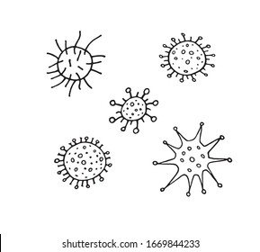 Vector virus icon set. The Molecule viral bacteria infection. Coronavirus. Flu laboratory infection test. Contour doodle outline hand drawn