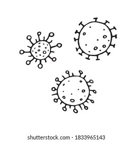 Vector virus icon set. The Molecule viral bacteria infection. Coronavirus. Flu laboratory infection test. Contour doodle outline hand drawn