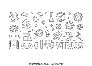 Vector virus illustration or banner made with viruses and bacterias line icons on white background
