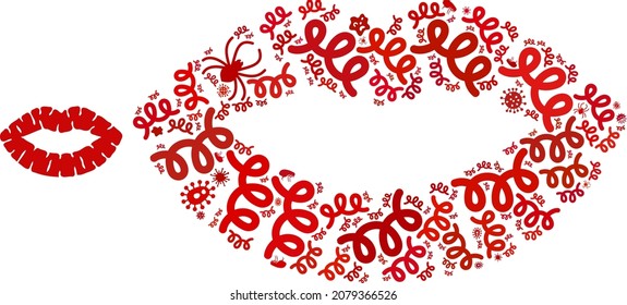 Vector virus kiss print icon mosaic of pandemic microbes. Kiss print collage is designed with virus items, parasites, microbes, spores, contagious agents, and based on kiss print icon.