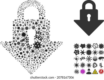 Vector virus lockdown arrow icon composition of contagious microbes. Lockdown arrow collage is formed of virus elements, parasites, microbes, spores, contagious agents,