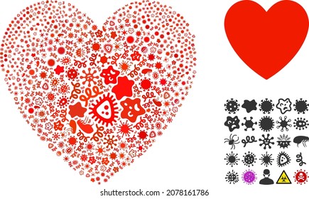 Vector virus love heart icon collage of pandemic items. Love heart collage is done of virus items, parasites, microbes, spores, contagious agents, and based on love heart icon.