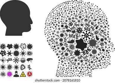 Collage del icono de cabeza del hombre del virus del vector de las células contagiosas. El collage de la cabeza del hombre se hace con elementos infecciosos, parásitos, microbios, esporas, agentes contagiosos y se basa en el icono de la cabeza del hombre.